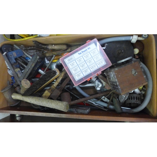 2033 - 3 wooden trays of assorted hand tools and other items including hammers, mallets, files, a vice, nut... 