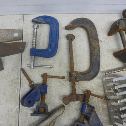 2039 - A box of assorted tools including Wolf Craft jig, Record sash clamp heads, G clamps, hand saws etc.