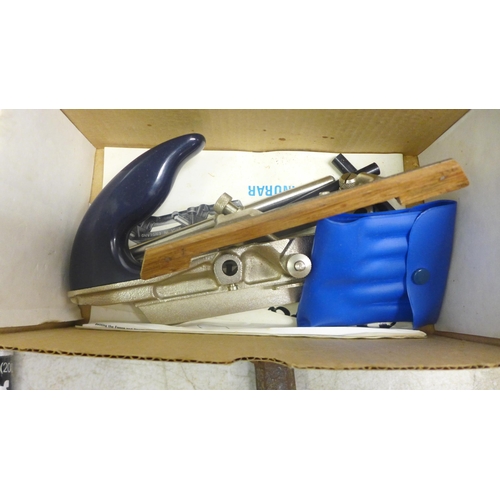 2041 - A box of assorted hand tools including a drill bits set, clamp vice, spanners, Record 044C plough pl... 