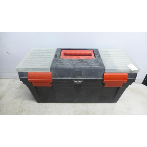 2047 - Two plastic tool boxes and a metal cantilever tool box with a quantity of hand tools