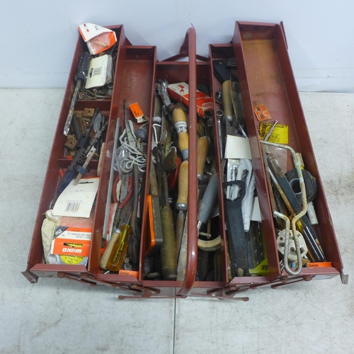 2047 - Two plastic tool boxes and a metal cantilever tool box with a quantity of hand tools