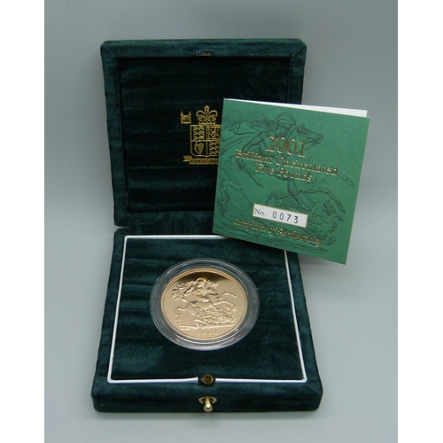 1008 - The Royal Mint UK 2001 Brilliant Uncirculated Five Pounds gold coin, No. 0073