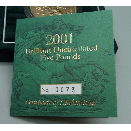 1008 - The Royal Mint UK 2001 Brilliant Uncirculated Five Pounds gold coin, No. 0073