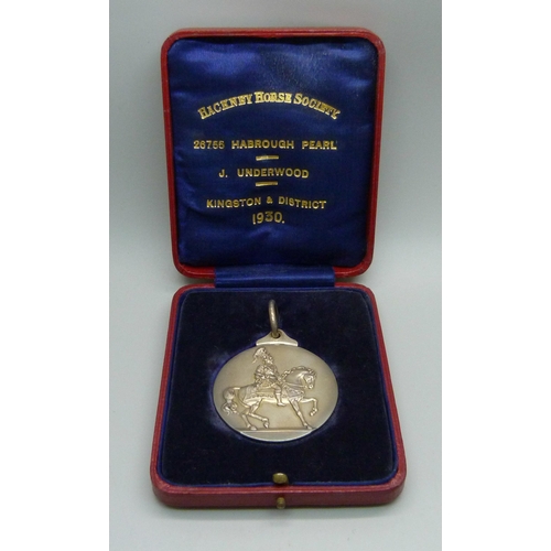 1018 - Two silver Hackney Horse Society medals by Mappin & Webb, cased, 94g