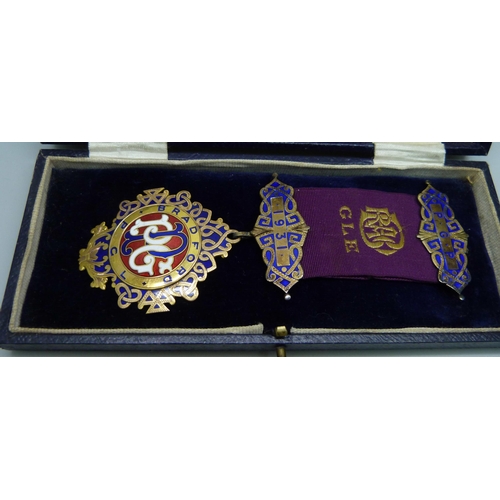 1020 - A 9ct gold and enamelled RAOB medallion, weight of medal 15.4g, cased, bars on ribbon not marked