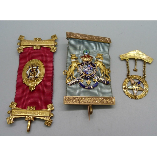 1021 - Two Lodge medal hanging ribbons and a brooch