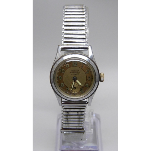 1029 - A Herma mid 20th Century wristwatch, waterproof with fluorescent hands and subsidiary second dial, 2... 