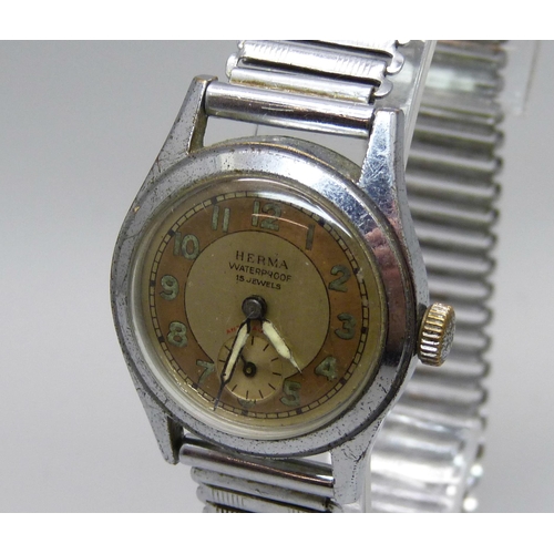 1029 - A Herma mid 20th Century wristwatch, waterproof with fluorescent hands and subsidiary second dial, 2... 