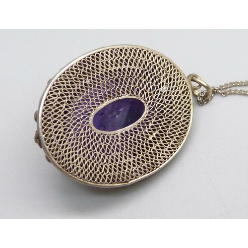 1044 - A Chinese carved amethyst and enamelled pendant on a silver chain, 22mm wide