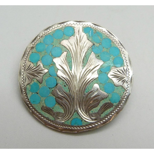 1046 - A Mexican silver turquoise set brooch / pendant, marked sterling R.S.S., metal pin, 3.7cm