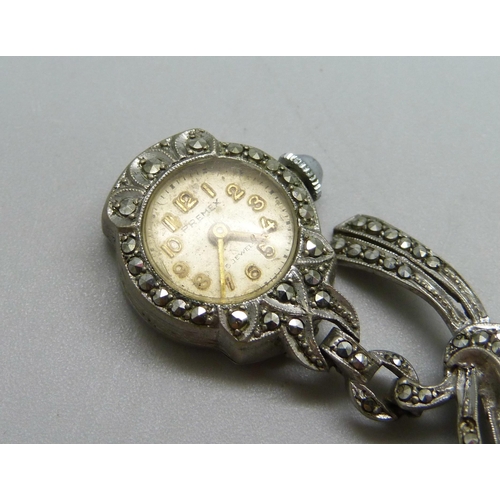 1047 - An Art Deco marcasite set brooch with Premex pendant watch, (one stone missing)