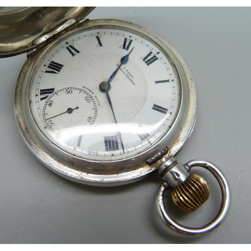 1050 - A 0.925 silver full hunter pocket watch, the dial marked L. Pavid