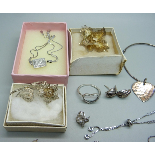 1058 - Two silver filigree brooches, three silver bracelets,  a Pandora ring (a/f), etc.