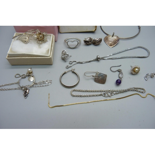 1058 - Two silver filigree brooches, three silver bracelets,  a Pandora ring (a/f), etc.