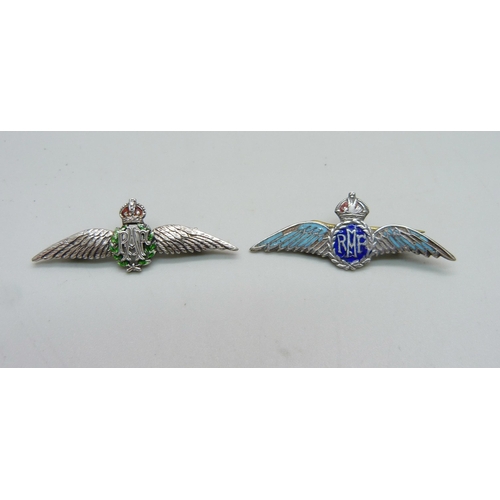 1066 - Two silver RAF sweetheart brooches with metal pins