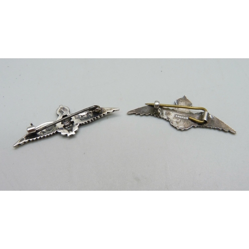 1066 - Two silver RAF sweetheart brooches with metal pins