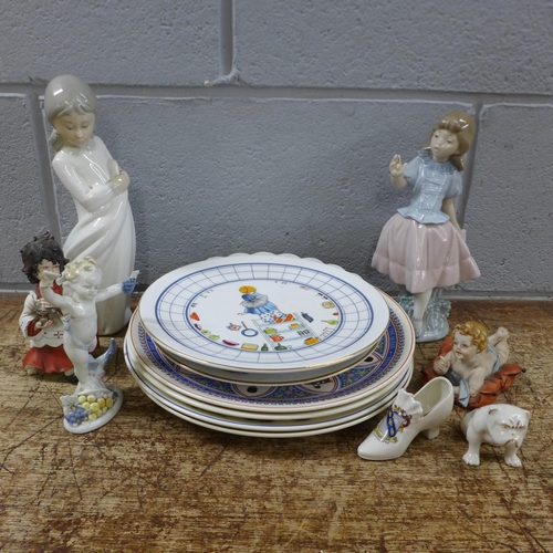 1079 - Seven plates including Doulton Valentine's Day 1976 and two calendar plates, two Nao figures, a cres... 