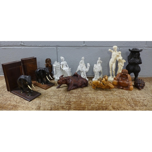 1081 - Carved wooden figures, a pair of bookends, three German figures **PLEASE NOTE THIS LOT IS NOT ELIGIB... 