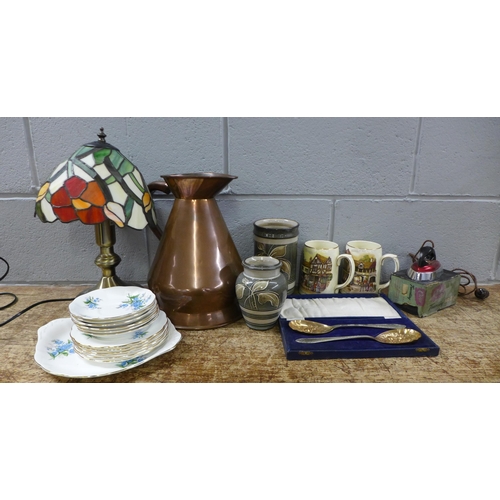 1090 - A box of assorted items, Royal Albert Forget Me Not tea wares, a brass fly ashtray, a folding automa... 