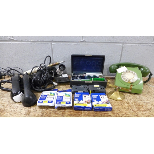 1097 - A green BT telephone, soldering iron and holder, a cased otoscope, a Brother P-Touch 750 label machi... 