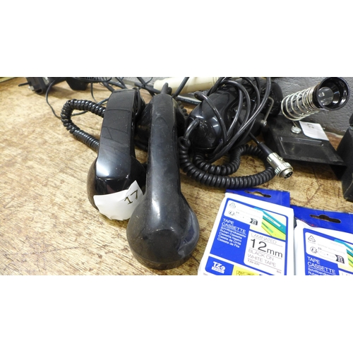 1097 - A green BT telephone, soldering iron and holder, a cased otoscope, a Brother P-Touch 750 label machi... 