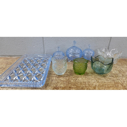 1099 - A blue glass dressing table set and other glassware **PLEASE NOTE THIS LOT IS NOT ELIGIBLE FOR IN-HO... 