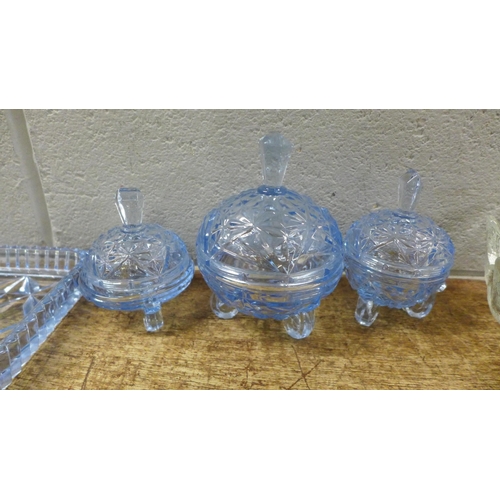 1099 - A blue glass dressing table set and other glassware **PLEASE NOTE THIS LOT IS NOT ELIGIBLE FOR IN-HO... 