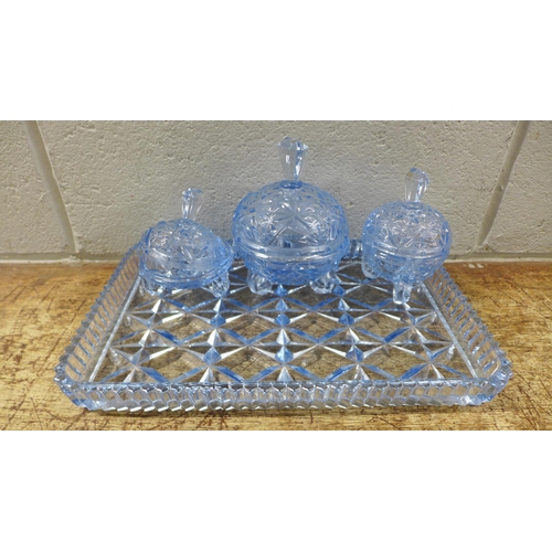 1099 - A blue glass dressing table set and other glassware **PLEASE NOTE THIS LOT IS NOT ELIGIBLE FOR IN-HO... 