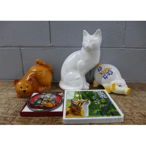 1105 - Cat related items - a painted glass plaque, a ceramic Fiesta Studios tile picture, a biscuit barrel,... 