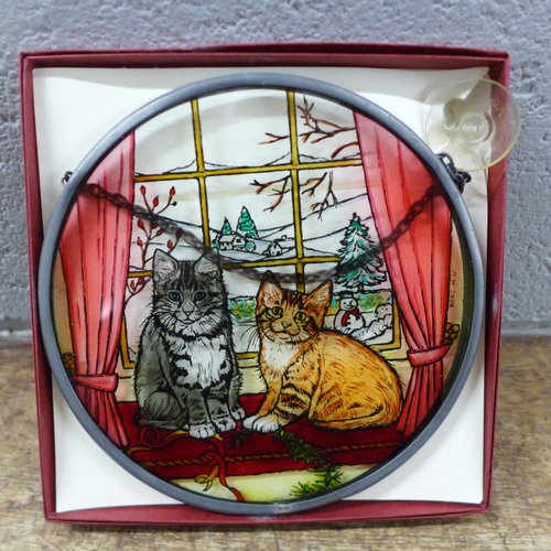 1105 - Cat related items - a painted glass plaque, a ceramic Fiesta Studios tile picture, a biscuit barrel,... 