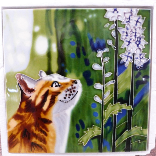 1105 - Cat related items - a painted glass plaque, a ceramic Fiesta Studios tile picture, a biscuit barrel,... 