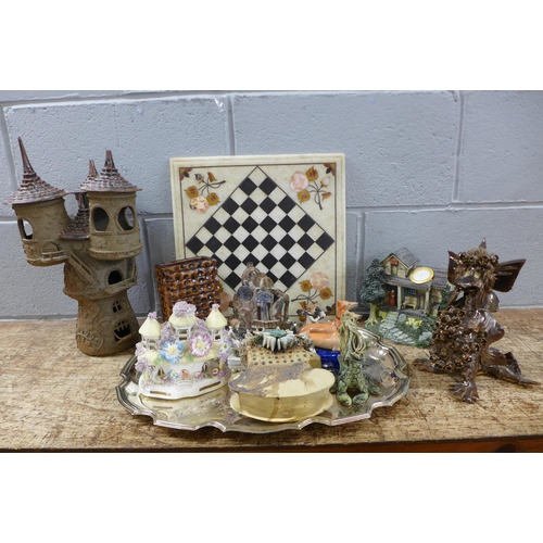 1111 - A collection of stoneware art pottery, a pastille burner, a silver plated tray, an inlaid chess boar... 