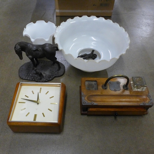 1137 - A HAC teak mantle clock, resin model of a horse and handler, a/f two opaque glass light shades and a... 