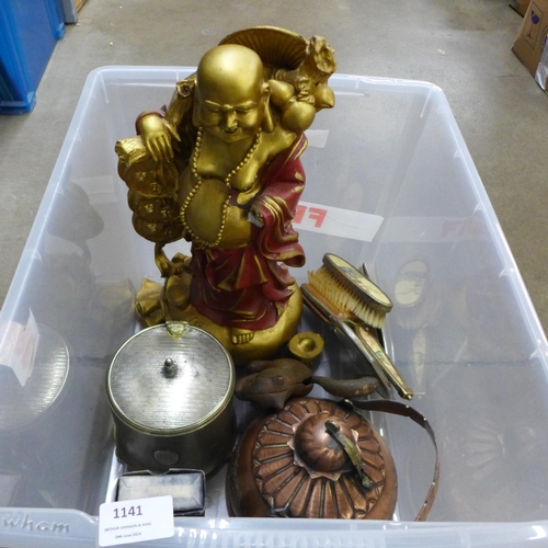 1141 - A Buddha figure, a/f, a metal kettle, a biscuit barrel, a camera, a squirrel nut cracker, etc. **PLE... 