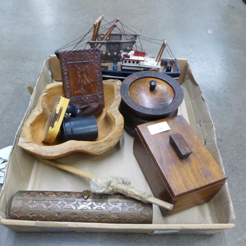 1143 - Two wooden tea caddies (one with original liner), a model ship, a collection of 20th Century treen, ... 