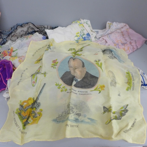 621 - A silk handkerchief bag with ten silk handkerchiefs, three patriotic including Winston Churchill