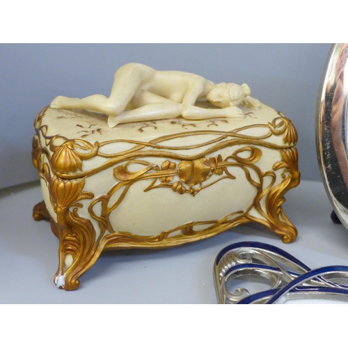 648 - A collection of frames and a jewellery box, lid a/f including Art Nouveau together with a magnifying... 