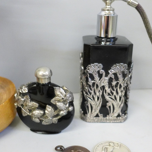 650 - A collection of scent bottles, glove stretchers, fobs and hat pins including glass examples