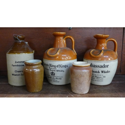 665 - Three stoneware flagons - two whisky and cider and two stoneware vases, cider a/f