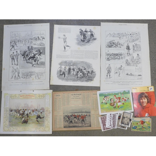 676 - Rugby, selection, including prints (6), 1894 Rosslyn Park, 1906 Racing 92; scarce trade cards (10), ... 