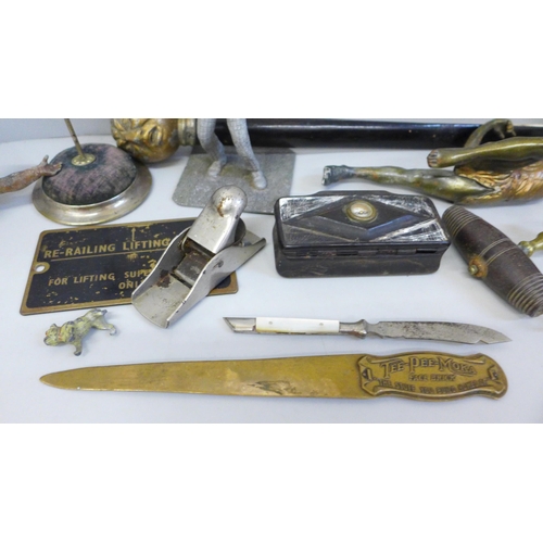 680 - A silver mounted whip handle, page turner, corkscrews, etc.