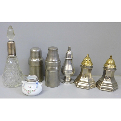 684 - A German salt and pepper, two anesthetic containers, a silver rimmed scent bottle and pot and one ot... 