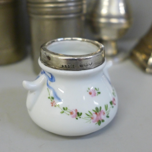 684 - A German salt and pepper, two anesthetic containers, a silver rimmed scent bottle and pot and one ot... 