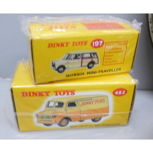 695 - A Corgi James Bond four car set, in a film can, two Dinky Toys model vehicles, 197 Morris Mini-Trave... 