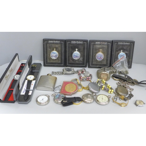 704 - A collection of watches, Eddie Stobart pocket watches, hip flask, etc.