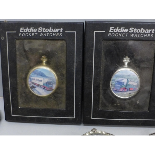 704 - A collection of watches, Eddie Stobart pocket watches, hip flask, etc.