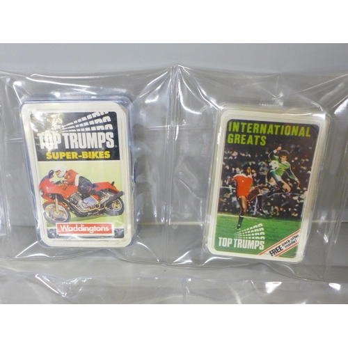 760 - Football Top Trumps card games, football (7), cricket (2) & road sport, some data change packs, (10)