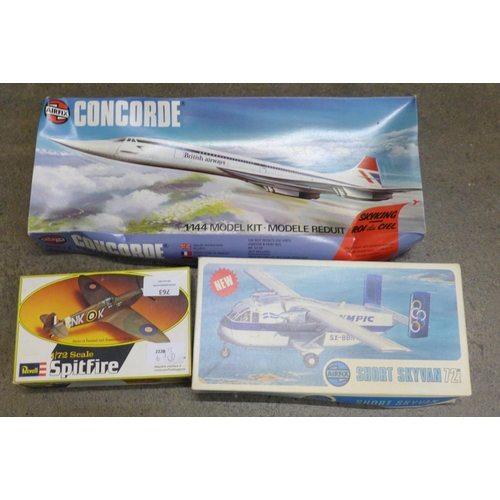 763 - Airfix and Revell model kits, Airfix Concorde 06175-1 series 6, Short Skyvan 04018-3 and Revell Spit... 