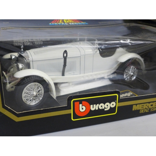 772 - Three Burago 1/18 scale model vehicles, 2x Mercedes and Bugatti