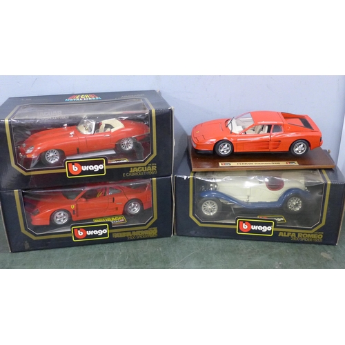 785 - Four Burago 1/18 scale model vehicles including Ferrari Testarossa 1984 and Alfa Romeo 2300 Spider